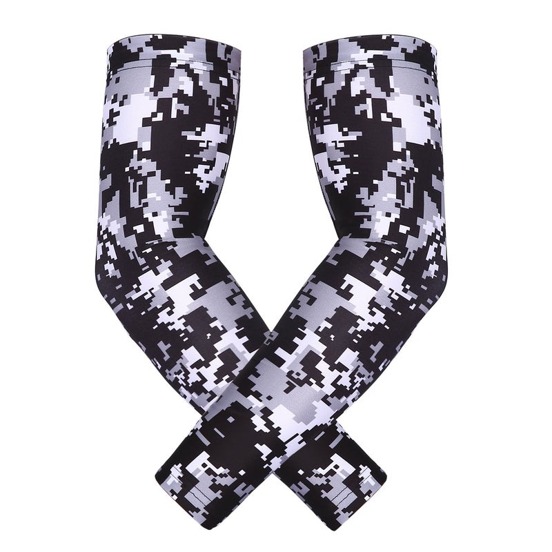 HDE Arm Compression Sleeves for Kids Basketball Shooting Sleeve Youth Sports Cooling Sun Protection Football Baseball 1 Pair Black Silver Digital Camo - YS - Image 1